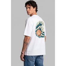 Black Nova Oversize Baskılı Unisex Tişört Ocean Shell Beyaz