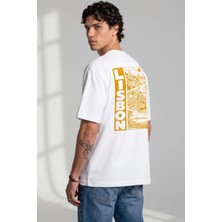 Black Nova Oversize Baskılı Unisex Tişört Lisbon Stamp Beyaz