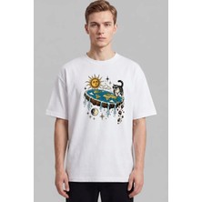 Black Nova Oversize Baskılı Unisex Tişört Flat Earth Club Beyaz