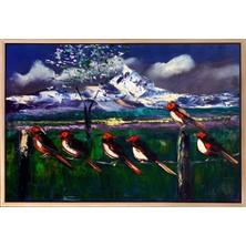 Simurg Sanatevi Çitteki Kuşlar Yağlı Boya Tablosu - Tuval Üzerine El Yapımı - 60 x 40 cm