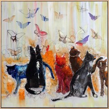 Simurg Sanatevi Kelebekler ve Kediler Yağlı Boya Tablosu - Tuval Üzerine El Yapımı - 120 x 120 cm