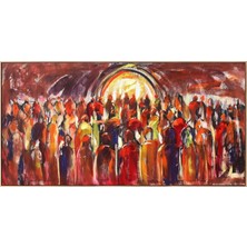 Simurg Sanatevi Çarşı Kalabalığı Yağlı Boya Tablosu - Tuval Üzerine El Yapımı - 180 x 90 cm