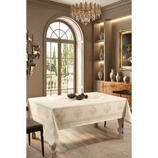 Elegancev Jakarlı Kumaş Dikdörtgen Masa Örtüsü - 140 cm x 180 cm -Krem Renk