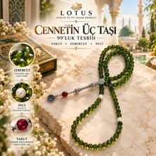 Lotus Atölye ve İyi Yaşam Merkezi Cennetin Üç Taşı – %100 Doğal Zebercet (Peridot), Yakut ve Gerçek Inci 99'luk Ultra Lüks Tesbih