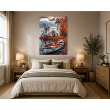 Rose Light Deniz Feneri ve Tekne Motifiyle Duvar Dekoru Ahşap Mdf Baskı Salon, Yatak Odası, Çocuk Odası, Ofis Duvar Tablosu Mdf Tablo