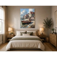 Rose Light Liman Iskelesi ve Teknelerin Yağlı Boya Görünümlü Duvar Dekoru Ahşap Mdf Baskı Salon, Yatak Odası, Çocuk Odası, Ofis Duvar Tablosu Mdf Tab