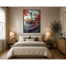 Rose Light Deniz Feneri ve Tekne Motifi Duvar Dekoru Ahşap Mdf Baskı Salon, Yatak Odası, Çocuk Odası, Ofis Duvar Tablosu Çerçeve Görünümlü Mdf
