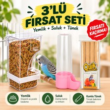 Kuş Yemliği + Kuş Suluğu + Quik Kumlu Tünek 4’lü Kafes Aksesuarları 3’lü Fırsat Seti