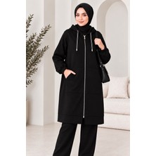 3 Iplik Şardonsuz Oversize Kalıp Pamuklu Fermuarlı Kapüşonlu Basic Uzun Sweatshirt Hırka