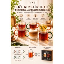 Nixa 6'lı Renkli Kulplu Borosilikat Cam Kupa Bardak Seti 400 ml – 3 Yeşil 3 Amber Kulplu Çay ve Kahve Bardağı