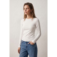 Elemge %95PAMUK %5likra Vücuda Oturan Magic Fit Beyaz Kadın Stretch Uzun Kollu T-Shirt Compact Penye Esnek Basic Tişört Elastan Bluz