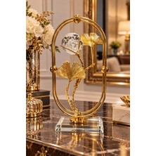 Kesene Gold Metal Kristal Küreli Standlı Lüks Gold Ginkgo Yaprak Motifli Salon Ofis Aksesuarı Biblo 21X10CM