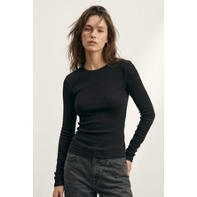 Elemge %95PAMUK %5likra Vücuda Oturan Magic Fit Siyah Kadın Stretch Uzun Kollu T-Shirt Compact Penye Esnek Basic Tişört Elastan Bluz