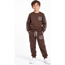 Rony Pony Kids Kahverengi 3 Iplik Erkek Çocuk Eşofman Takımı Kaplan Nakışlı Biyeli Sweatshirt ve Jogger Alt