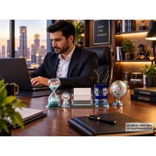 Home Dekor Hediye Kristal Ofis Masaüstü Kartvizitlik Organizer Set Mavi Kum Saati ve Renkli Dünya Küre Dekoratif Biblo