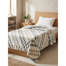 Padişah Tek Kişilik Peluş Battaniye Geometrik Desenli Gri Krem Wellsoft 155X215 cm