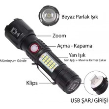 Birsence Ultra USB Şarjlı El Feneri 1000 Lümen Kırmızı Mavi Çakar