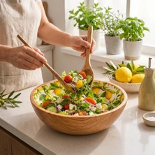 Tr Mango Ağacı Kase 25 Cm, Limon Desenli Iç Yüzey, 7 cm Yüksekliğinde Geniş Salata ve Servis Kasesi, Dekoratif Ahşap Sunum Kasesi