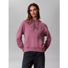 Calvin Klein Kadın Relaxed Fit Pamuklu Havlu Kumaş Düşük Omuzlu Kapüşonlu Kanguru Cepli Logo Baskılı Pembe Sweatshirt LV047E221G-VCB