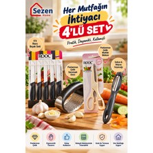 Sezen Home Avantajlı Mutfak Seti – Rooc 5'li Tırtıklı Bıçak Seti, Mutfak Makası, Sarımsak Ezici ve Sebze Meyve Soyacağı