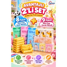 Sezen Home 17 Paket Karakter Desenli Mini Cep Boy Islak Mendil ve Kağıt Mendil Seti – 8 Paket Islak Mendil + 9 Paket Kağıt Mendil