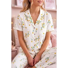 Marchè Bien Mavi Beyaz Çizgili Bürümçük Kumaş Kısa Kollu Pijama Takımı 4464