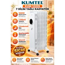 Kumtel 7 Dilim Beyaz Yağlı Radyatör 1500W Elektrikli Isıtıcı, 3 Güç Kademesi, Ayarlanabilir Termostat, Devrilme Emniyeti, Aşırı Isınma Koruması, Donma Önleyici Sistem, Taşınabilir Tasarım