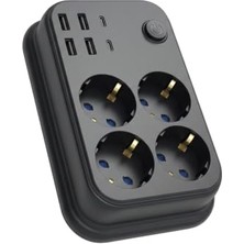 Myg Plus Babilden 5 Metre Termal Akım Korumalı 4'lü Priz Çoklayıcı, 4 USB 2 Type-C Girişli 16A 4000W Dörtlü Dönüştürücü Uzatma Kablosu 4 Adet Anahtarlı Giriş Masaüstü Duvar Çoklu Prizi