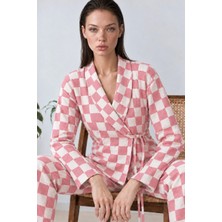 Marchè Bien Kadın Kruvaze Yaka Kareli Beli Kuşaklı Pembe Pijama Takımı 4785