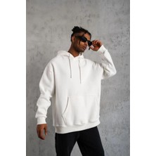 Marchè Bien Erkek 3 Iplik Pamuklu Kapüşonlu Kanguru Cepli Sweatshirt Hoodie - Beyaz