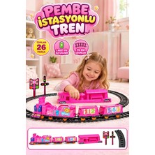 Farbu Oyuncak Pembe Istasyonlu Pilli Oyuncak Tren Seti - 26 Parça Hareketli Lokomatif ve Vagon Seti