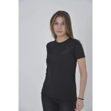 Marchè Bien Kadın Gögüs Fileli T-Shirt Kısa Kol Bisiklet Yaka Slimfit Tişört   - Siyah