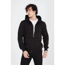 Marchè Bien Erkek 3 Iplik Pamuklu Fermuarlı Kapüşonlu Kanguru Cepli Hoodie Hırka Sweatshirt - Siyah