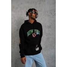 Marchè Bien Erkek 3 Iplik Pamuklu Kapüşonlu Baskılı Cepli Oversize Sweatshirt Hoodie - Siyah