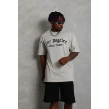 Marchè Bien Erkek Baskılı Tişört Kısa Kol Bisiklet Yaka Oversize T-Shirt - Gri