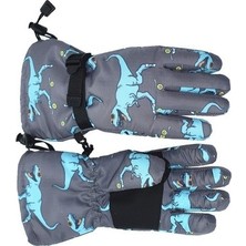 Petityu Su Geçirmez Erkek Çocuk Eldiven Kayak Snowboard Eldiven Gri Mavi Dino 6-12 Yaş