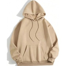 Marchè Bien Kadın Kapüşonlu Kanguru Cepli 3 Iplik Pamuklu Düz Hoodie Sweatshirt - Bej