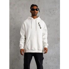Marchè Bien Erkek 3 Iplik Pamuklu Kapüşonlu Baskılı Cepli Oversize Sweatshirt Hoodie - Beyaz