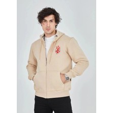 Marchè Bien Erkek 3 Iplik Pamuklu Kapüşonlu Tam Fermuarlı Cepli Hoodie Sweatshirt - Bej