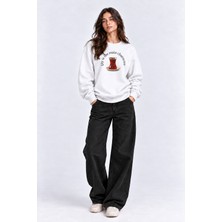 Maison De Mode Çay Baskılı Beyaz Oversize Sweatshirt