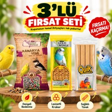 Gold Wings Kanarya Yemi + Ballı Muhabbet Kuşu Krakeri 3’lü + Quik Kumlu Tünek 4’lü Kuş Bakım Seti