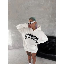 Marchè Bien Kadın Oversize Kapüşonlu Cepli Baskılı 3 Iplik Pamuklu Hoodie Sweatshirt - Beyaz