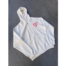 Marchè Bien Kadın 3 Iplik Pamuklu Fermuarlı Kapüşonlu Sweatshirt Hoodie Hırka - Beyaz