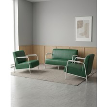 Azra Mobilya Atlas 2+1+1 Deri Ofis Büro Modern Bekleme Koltuk Takımı Beyaz Metal Iskelet - Yeşil