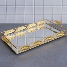 Fair Home Aynalı Tepsi Dekoratif Sunum Tepsisi Xl Boy Dikdörtgen Yaprak Gold 53 x 27 cm