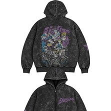 Fuddy Moda Unisex Oversize Jojo's Characters Sırt ve Kol Baskılı Kapüşonlu Fermuarlı Yıkamalı Anime Zip Hoodie