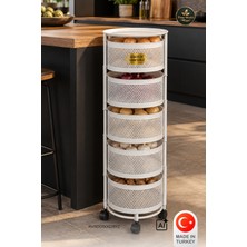River World Tekerlekli Rengi Beyaz Açılabilen 5 Katlı Çok Amaçlı Metal Raf Mutfak, Balkon, Kiler