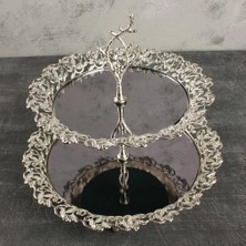 Fair Home Iki Katlı Kurabiyelik Sarmaşık Desenli Yuvarlak Metal Gümüş 25 cm / 20 cm