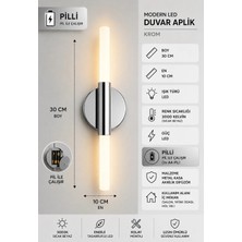 Mylüx Aydınlatma Pilli LED Duvar Aplik 30 cm Krom | Kablosuz 3000K Sıcak Beyaz Dekoratif Aplik Iç Mekan
