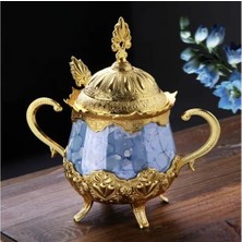 Fair Home Kaşıklı Şekerlik Reçellik Kase Mavi Mermer Desenli Metal Gold – Ahsen Model